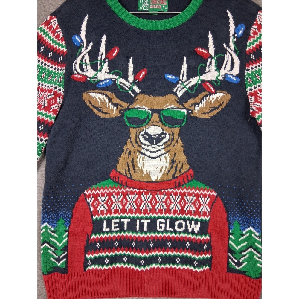 Ugly Christmas Sweater Adult L Knit Pullover Deer Sunglasses Let It Glow Holiday